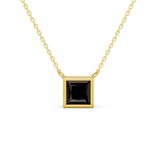 18K Gold Princess Cut Black Diamond Bezel Necklace