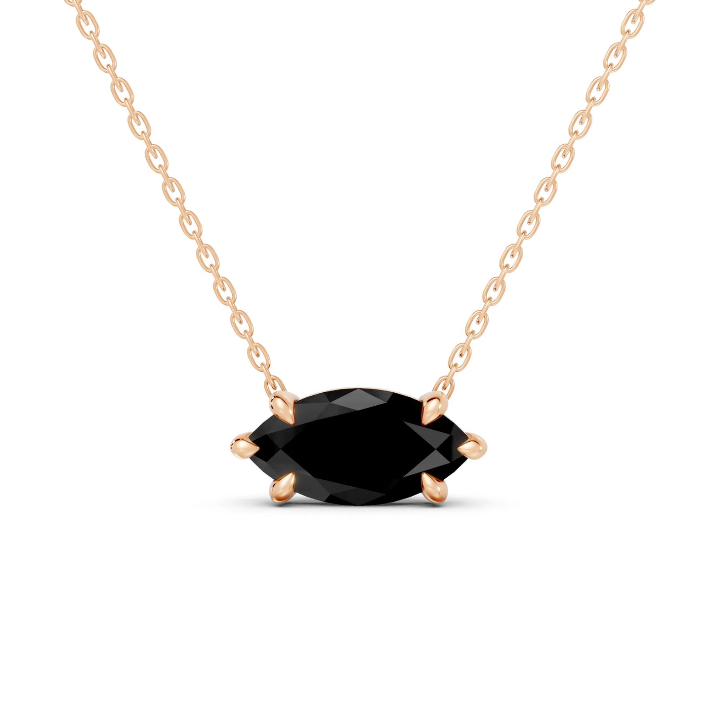 18K Gold Marquise Cut Black Diamond East-West Solitaire Necklace