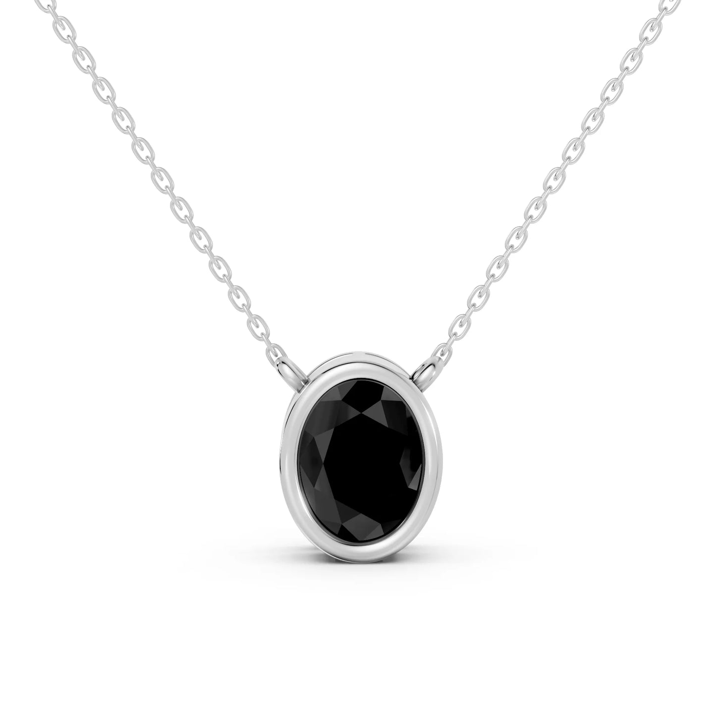 18K Gold Oval Cut Black Diamond Bezel Necklace