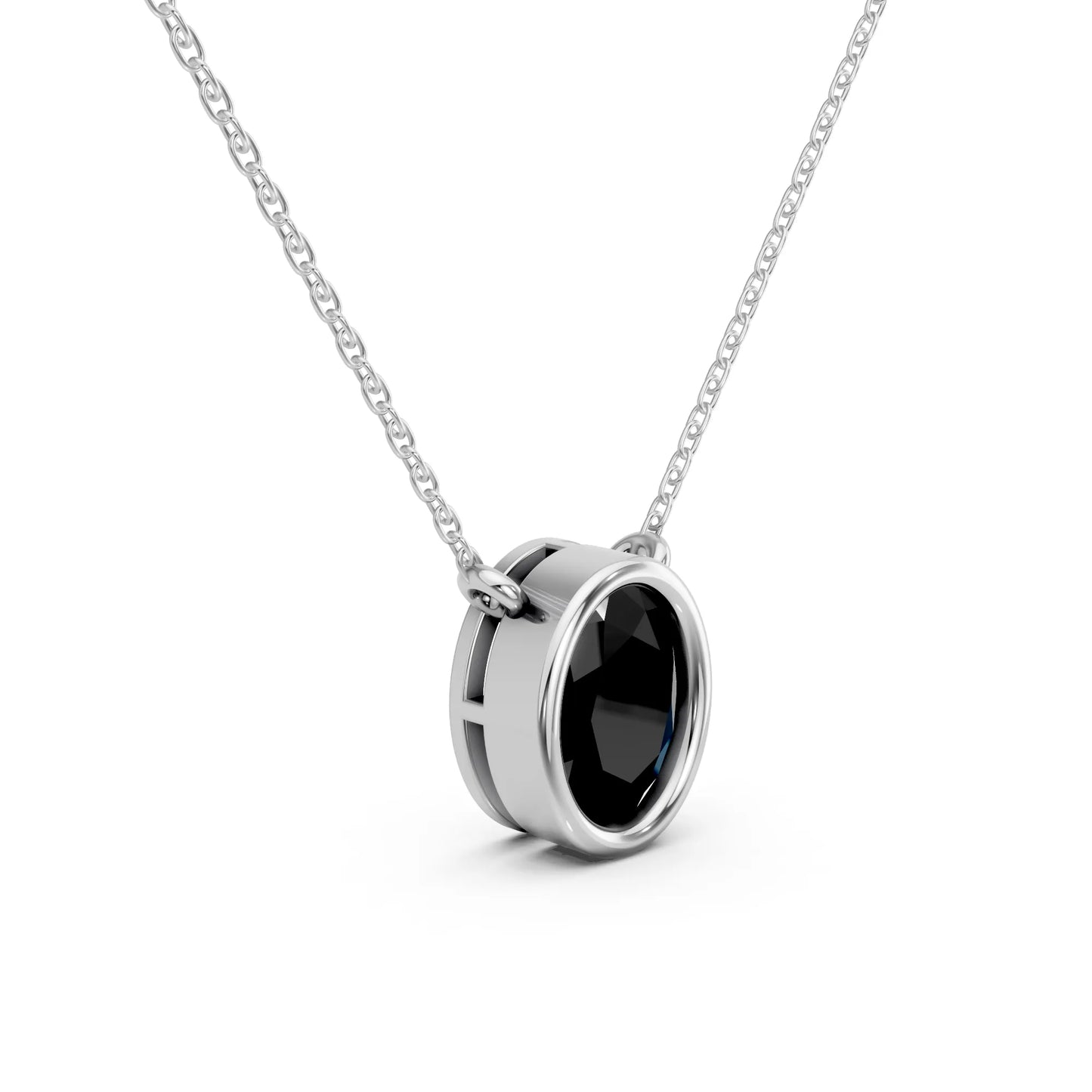 18K Gold Oval Cut Black Diamond Bezel Necklace
