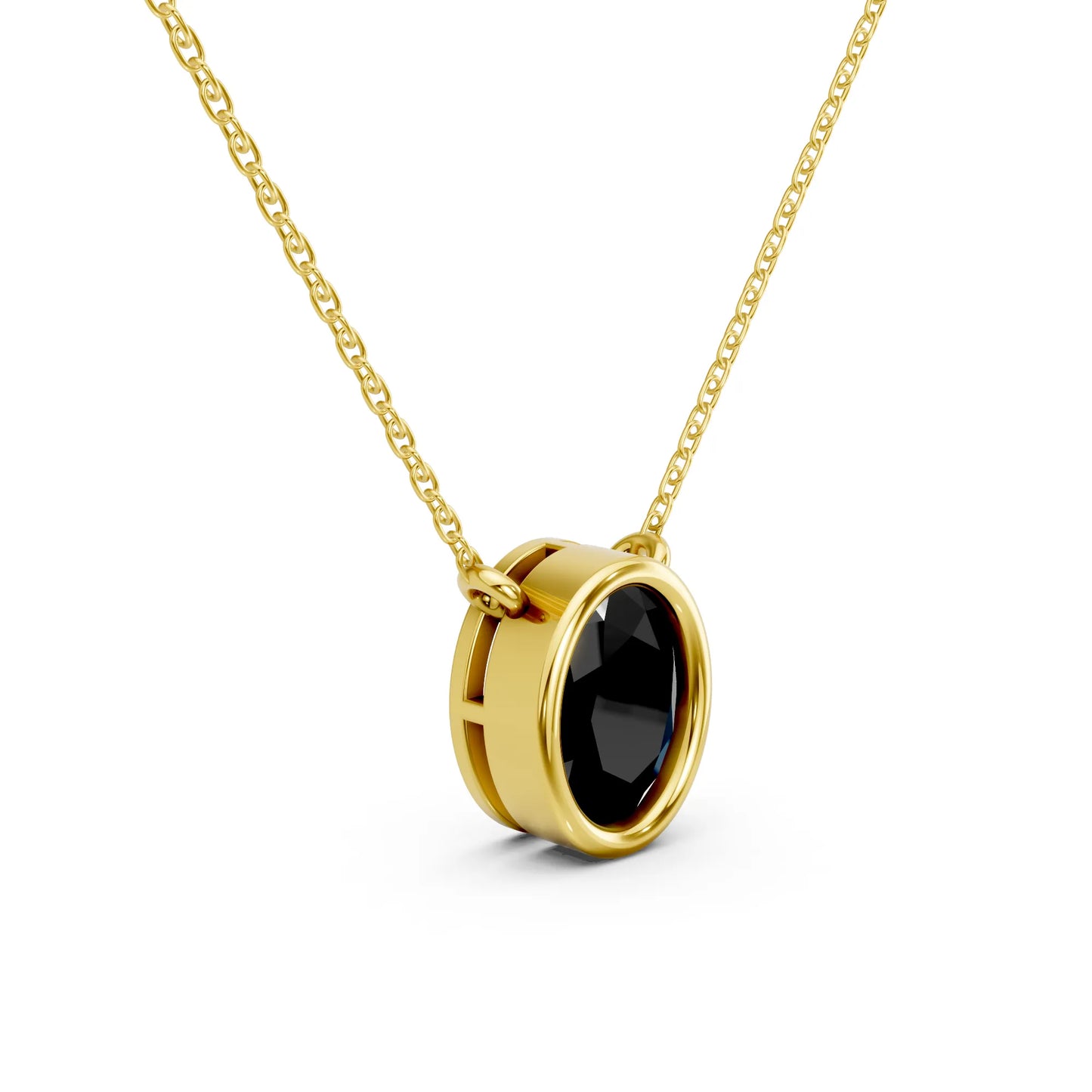18K Gold Oval Cut Black Diamond Bezel Necklace