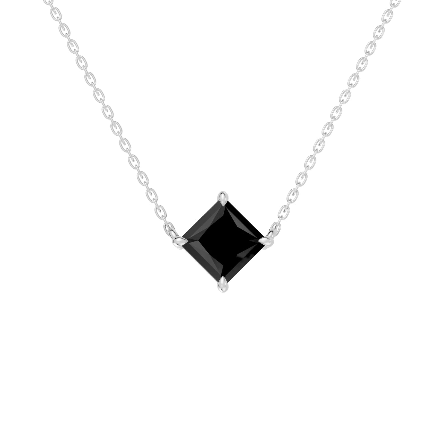 18K Gold Princess Cut Black Diamond East-West Solitaire Necklace