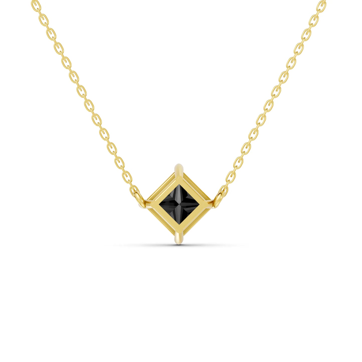 18K Gold Princess Cut Black Diamond East-West Solitaire Necklace