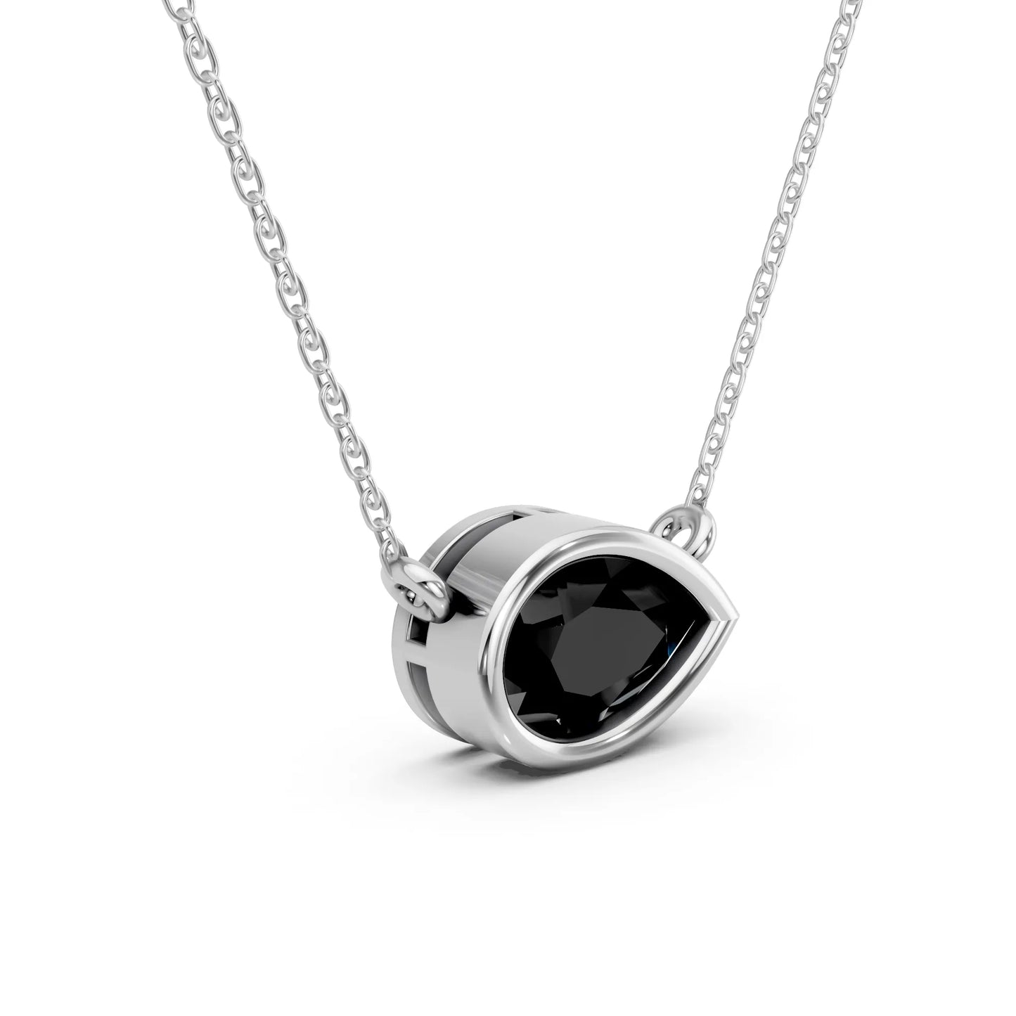 18K Gold Pear Cut Black Diamond East - West Bezel Necklace