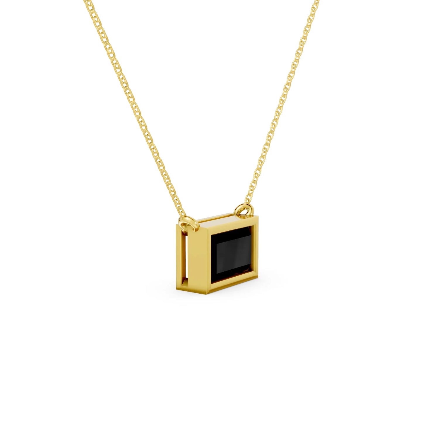18K Gold Baguette Cut Black Diamond East - West Bezel Necklace