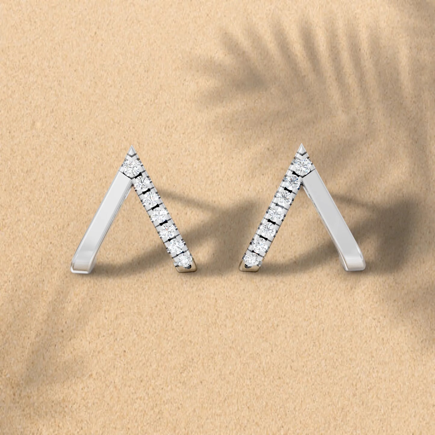 14K Gold Reversed V Diamond Half Pavé Huggie Earring