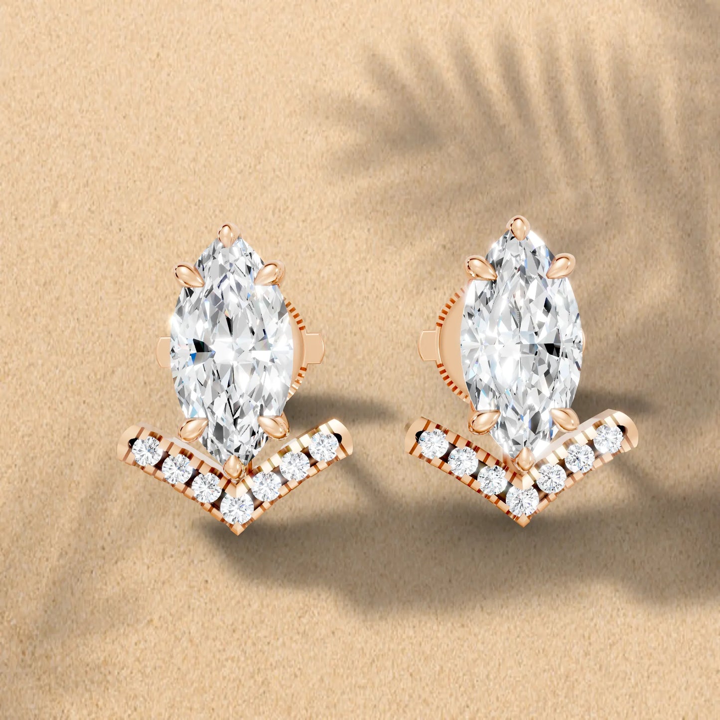 14K Gold Marquise Cut Diamond V Stud Earring