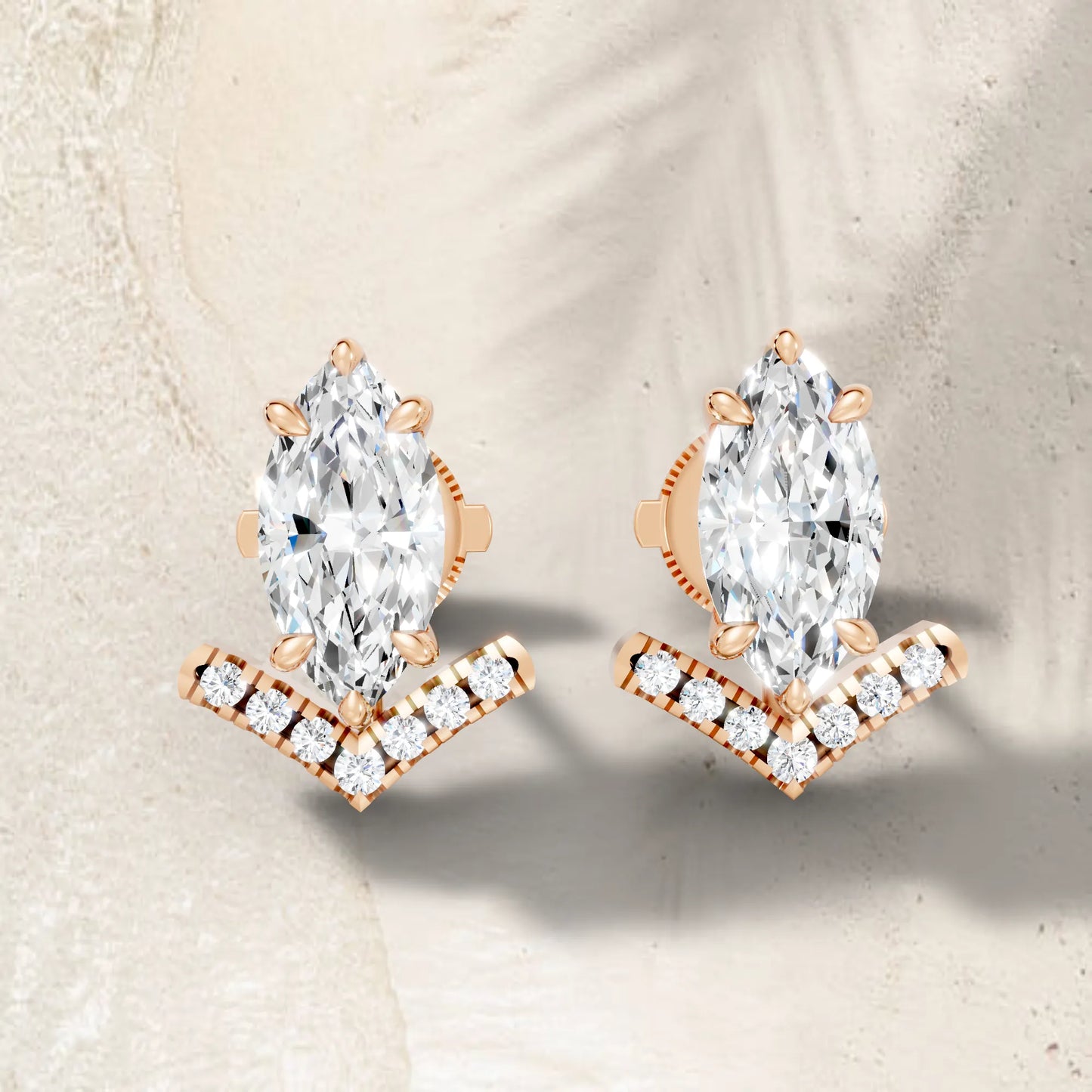 14K Gold Marquise Cut Diamond V Stud Earring