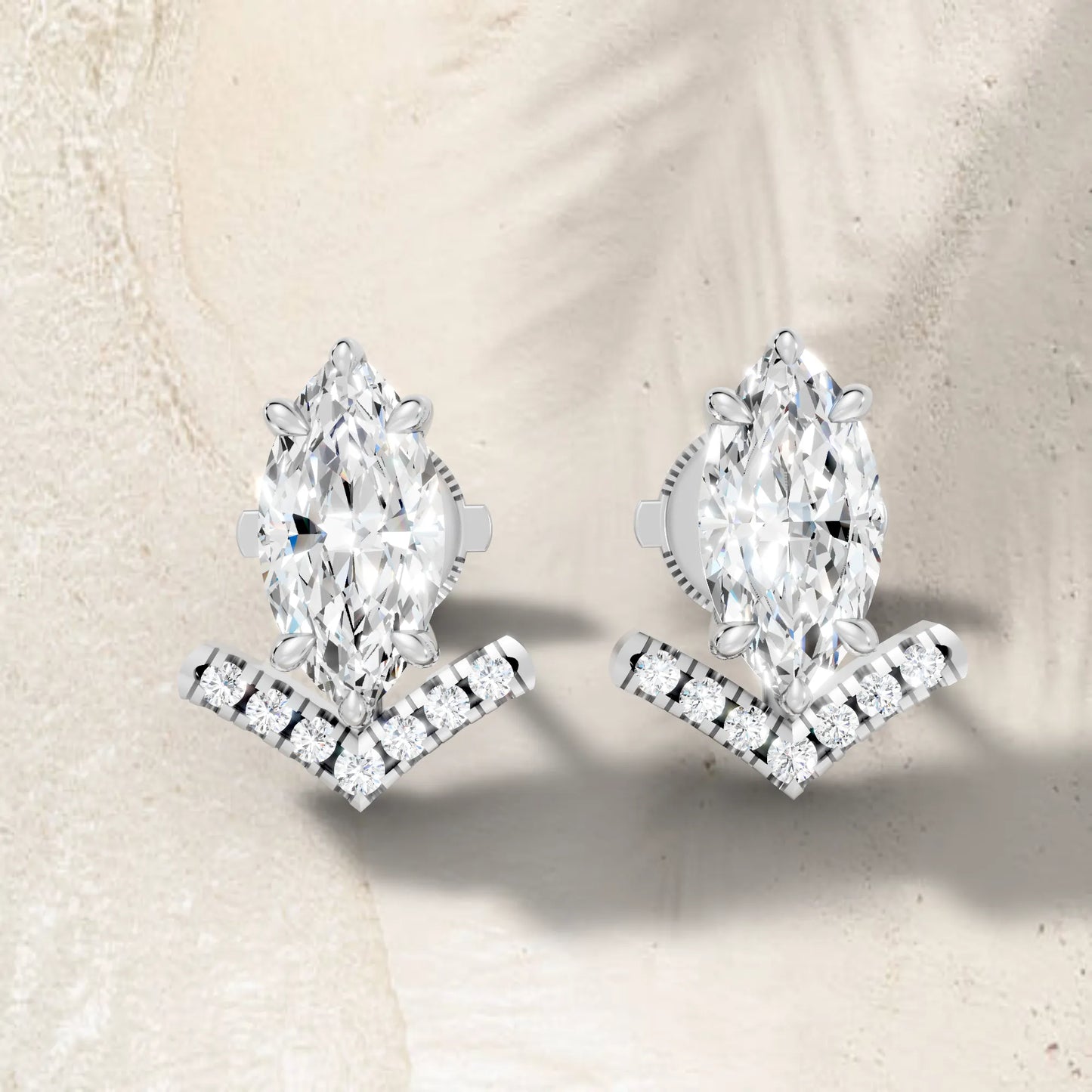 14K Gold Marquise Cut Diamond V Stud Earring