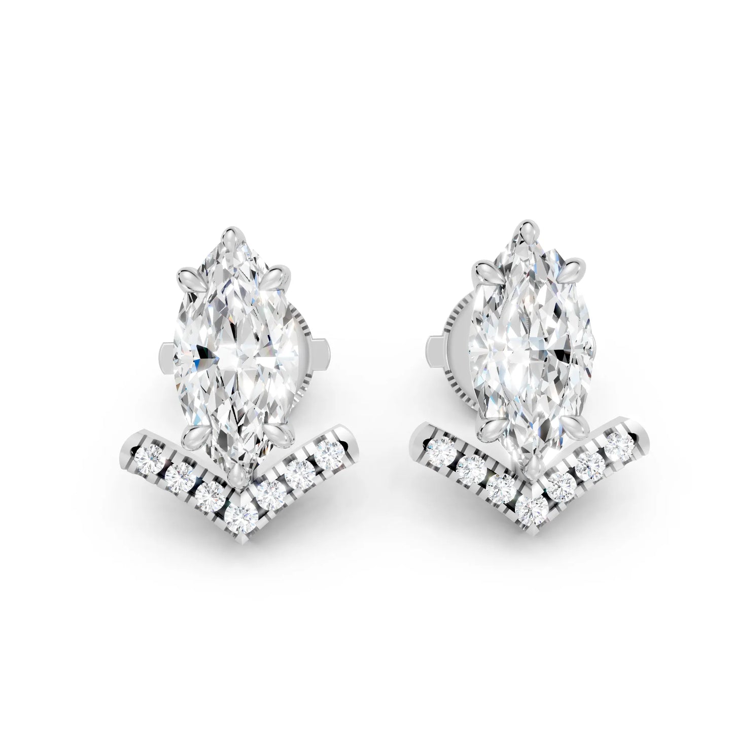 14K Gold Marquise Cut Diamond V Stud Earring