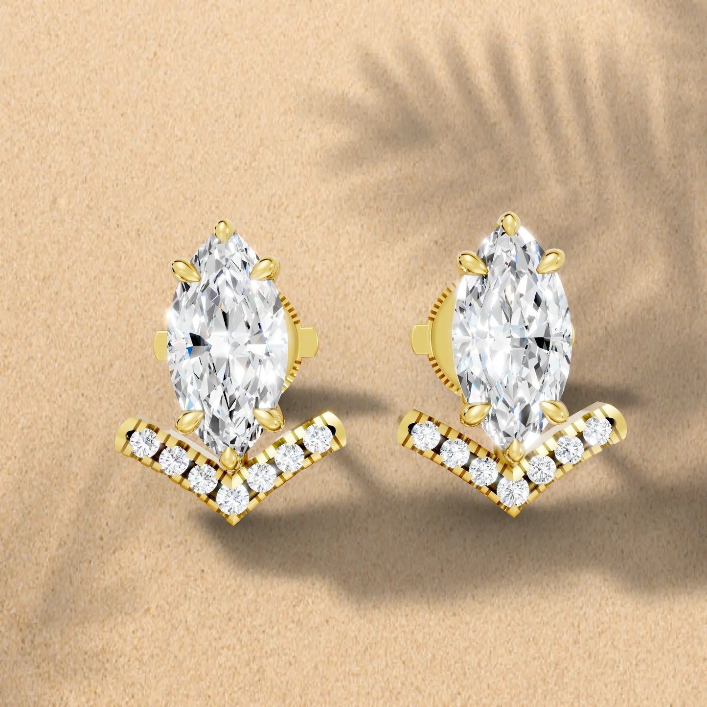 14K Gold Marquise Cut Diamond V Stud Earring