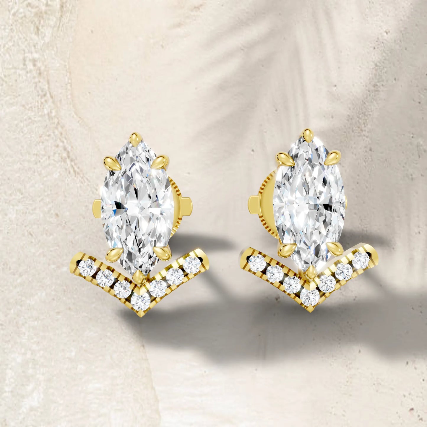 14K Gold Marquise Cut Diamond V Stud Earring