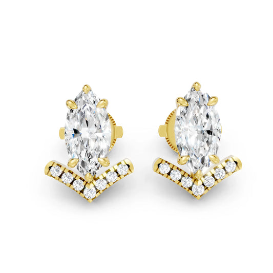 14K Gold Marquise Cut Diamond V Stud Earring