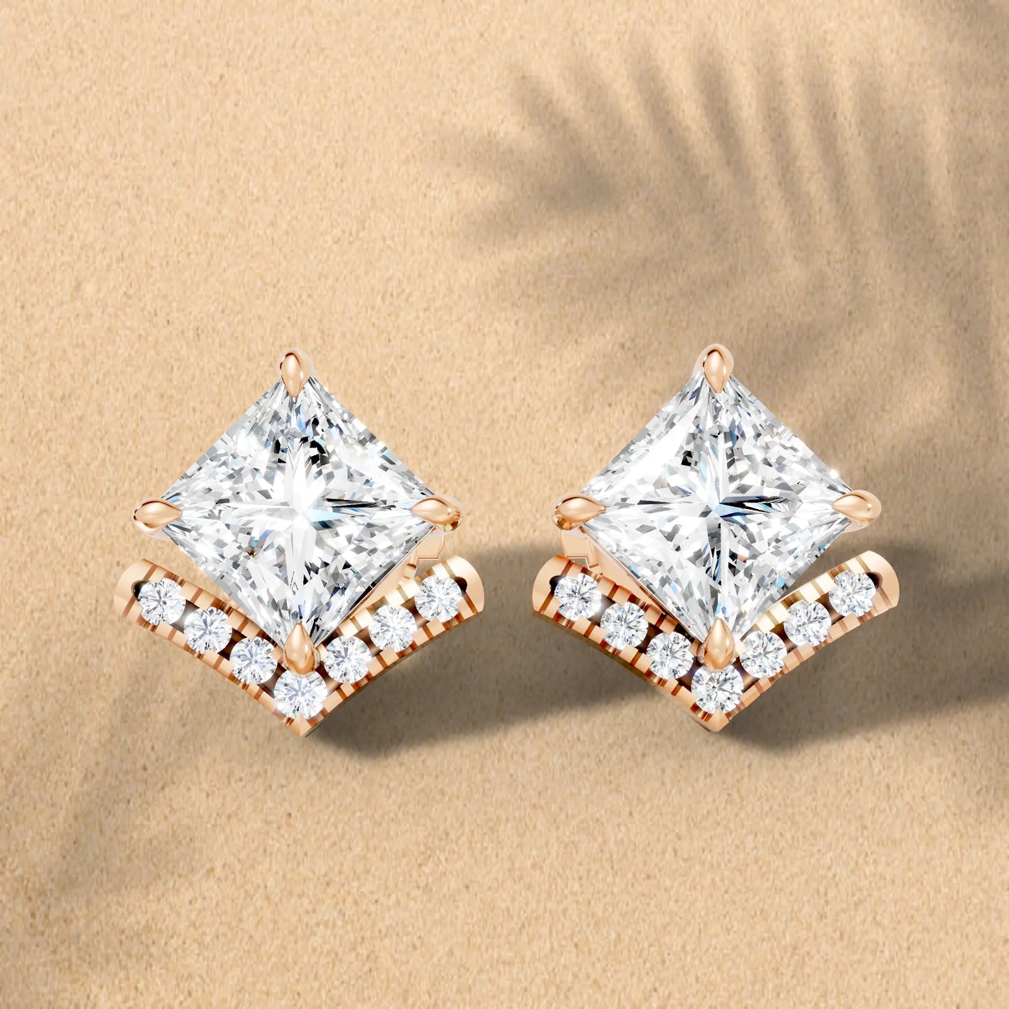 14K Gold  Princess Cut Diamond V Stud Earring