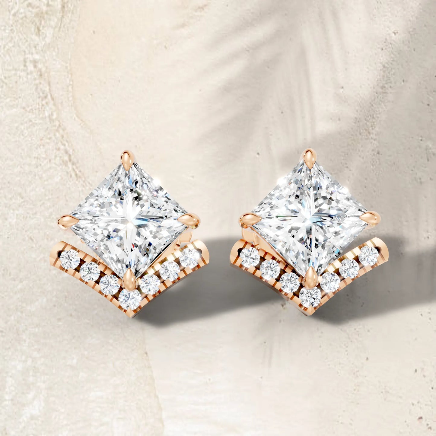 14K Gold  Princess Cut Diamond V Stud Earring