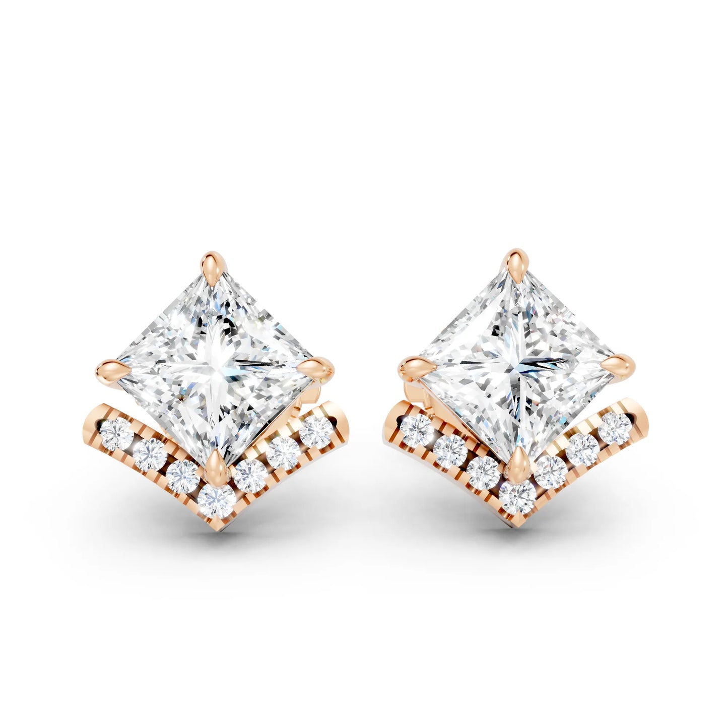 14K Gold  Princess Cut Diamond V Stud Earring