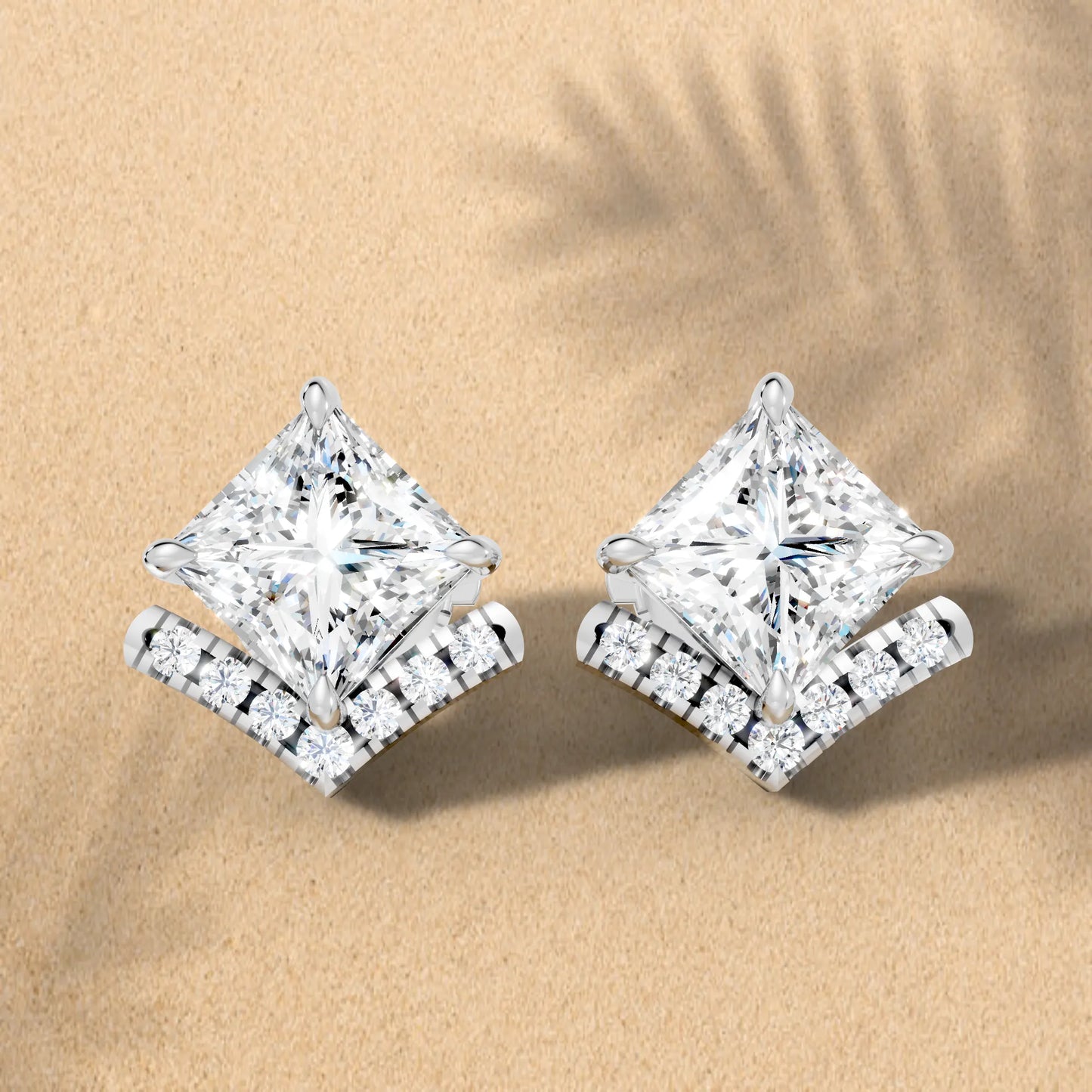 14K Gold  Princess Cut Diamond V Stud Earring