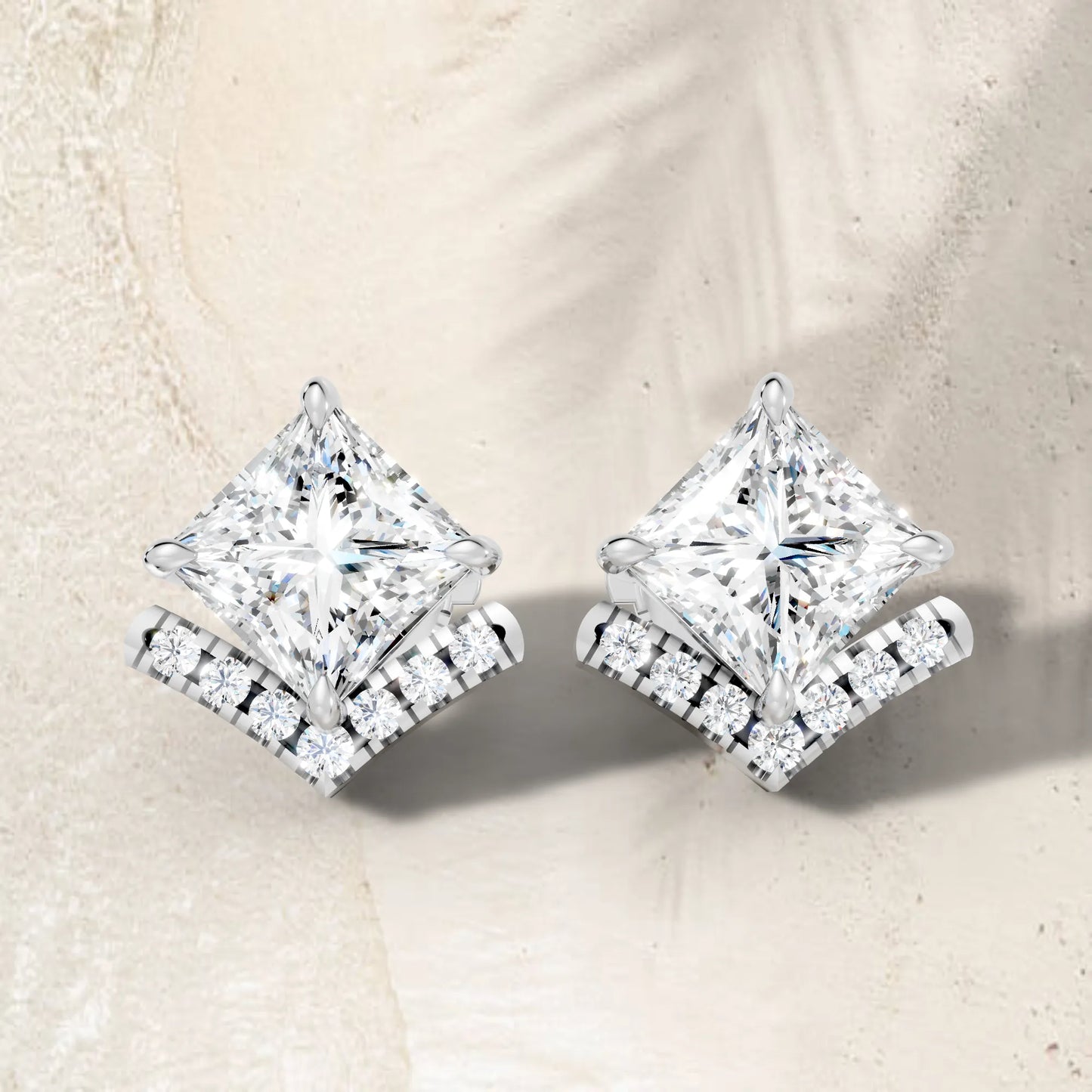 14K Gold  Princess Cut Diamond V Stud Earring