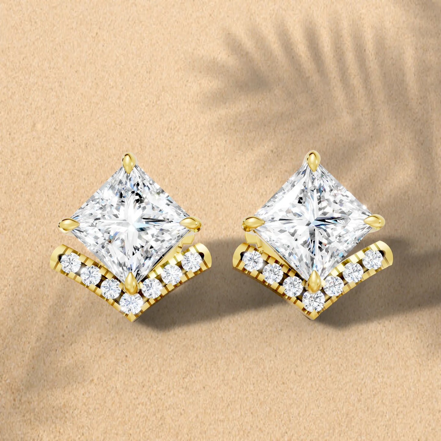 14K Gold  Princess Cut Diamond V Stud Earring