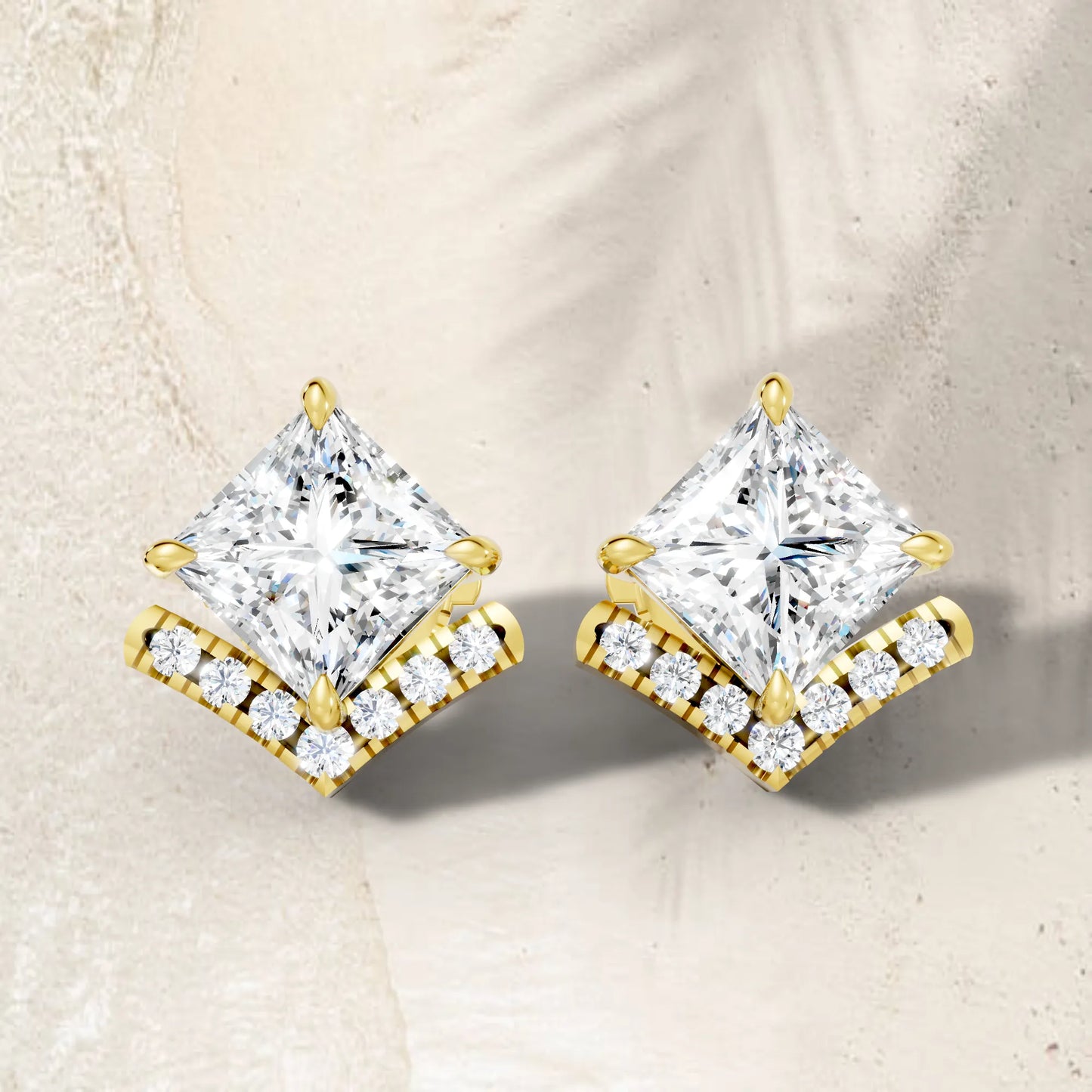 14K Gold  Princess Cut Diamond V Stud Earring