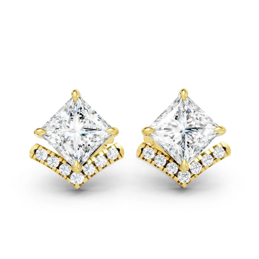 14K Gold  Princess Cut Diamond V Stud Earring