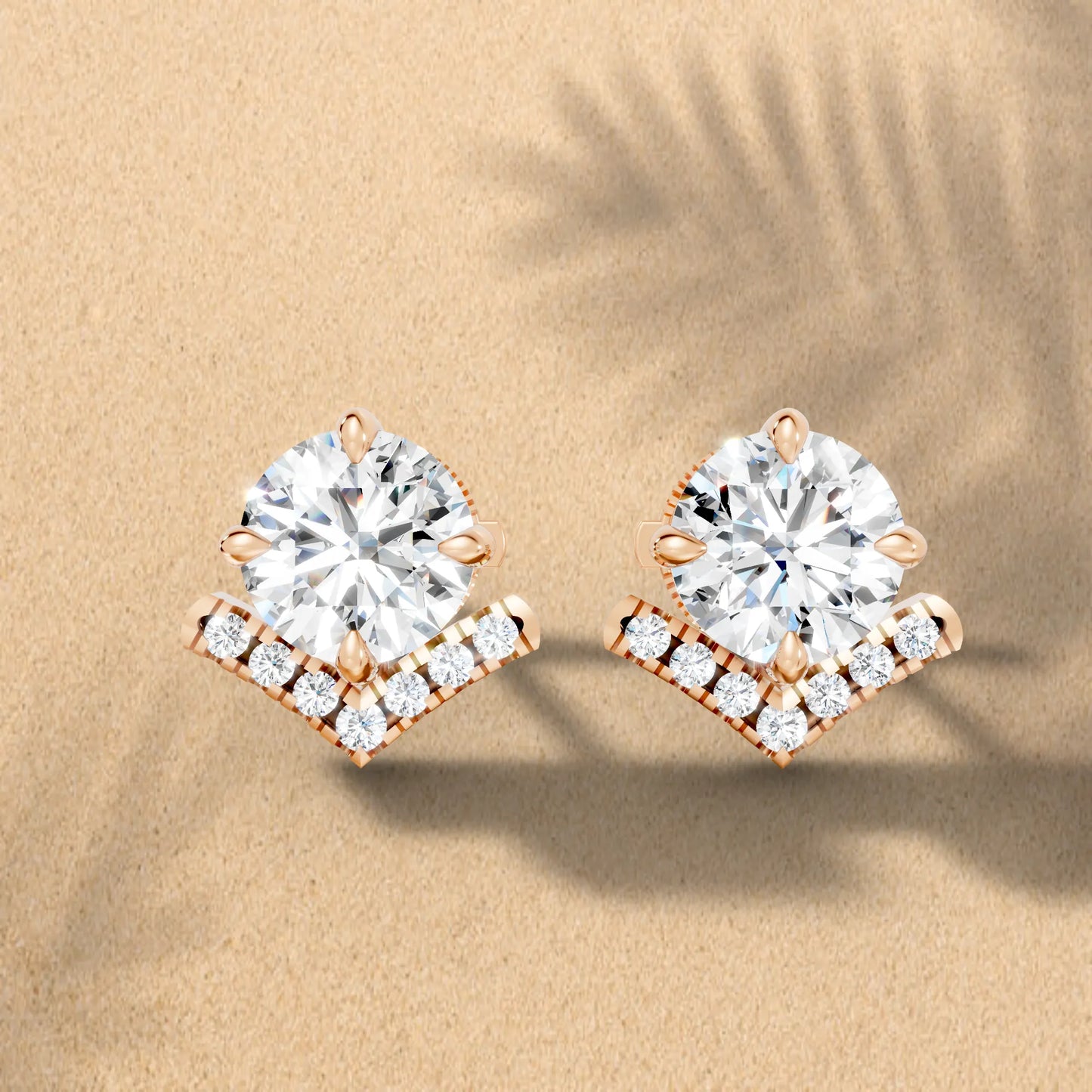 14K Gold Round Cut Diamond V Stud Earring