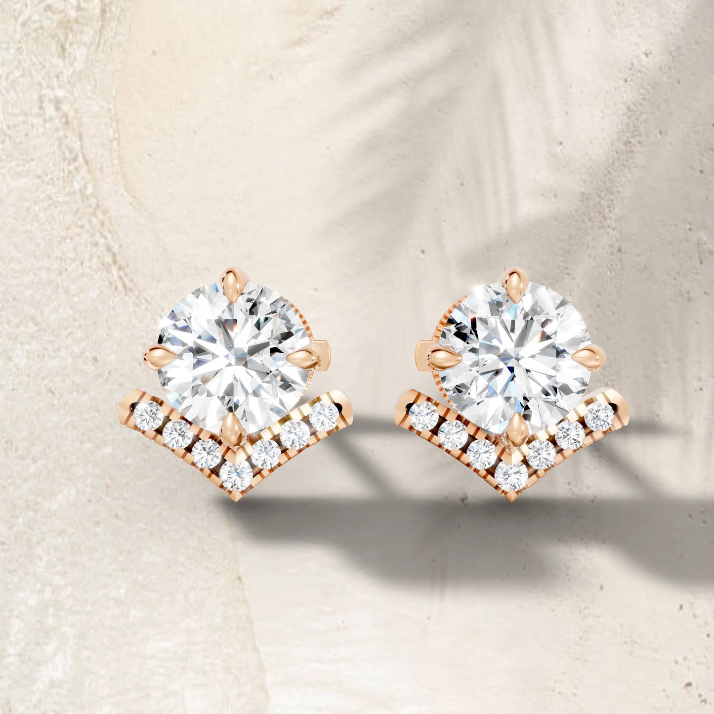 14K Gold Round Cut Diamond V Stud Earring