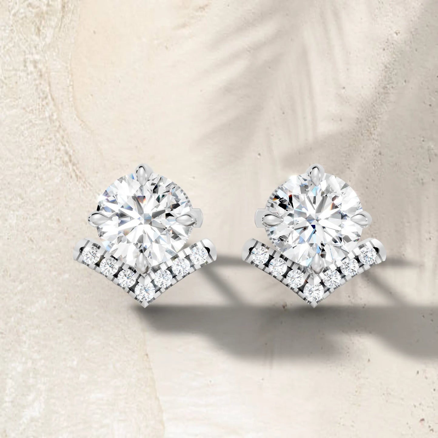 14K Gold Round Cut Diamond V Stud Earring