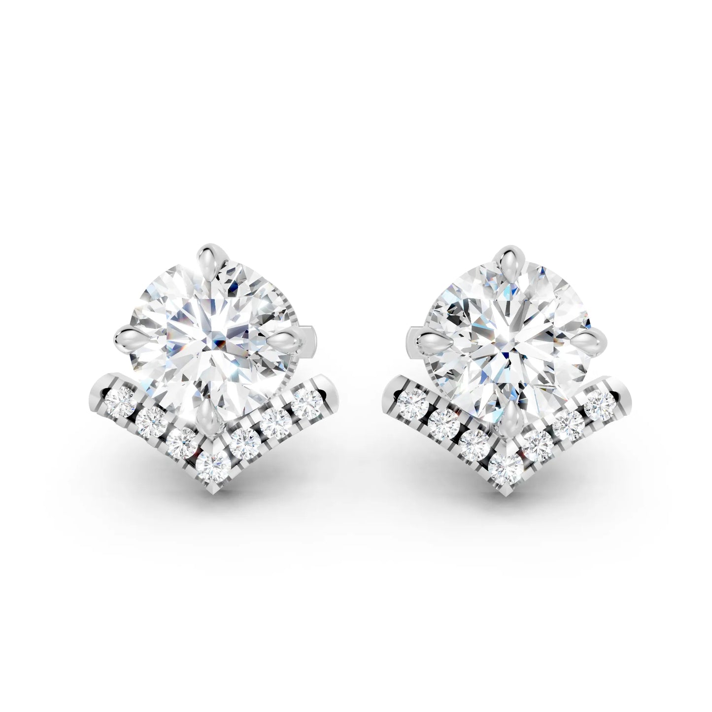 14K Gold Round Cut Diamond V Stud Earring