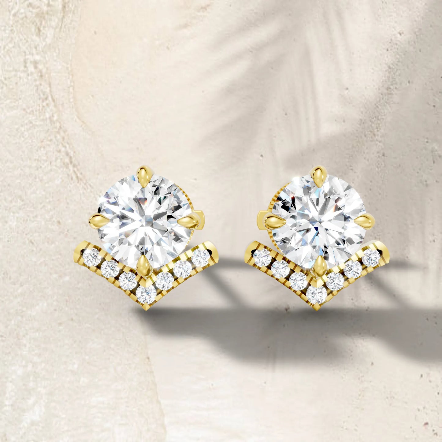 14K Gold Round Cut Diamond V Stud Earring