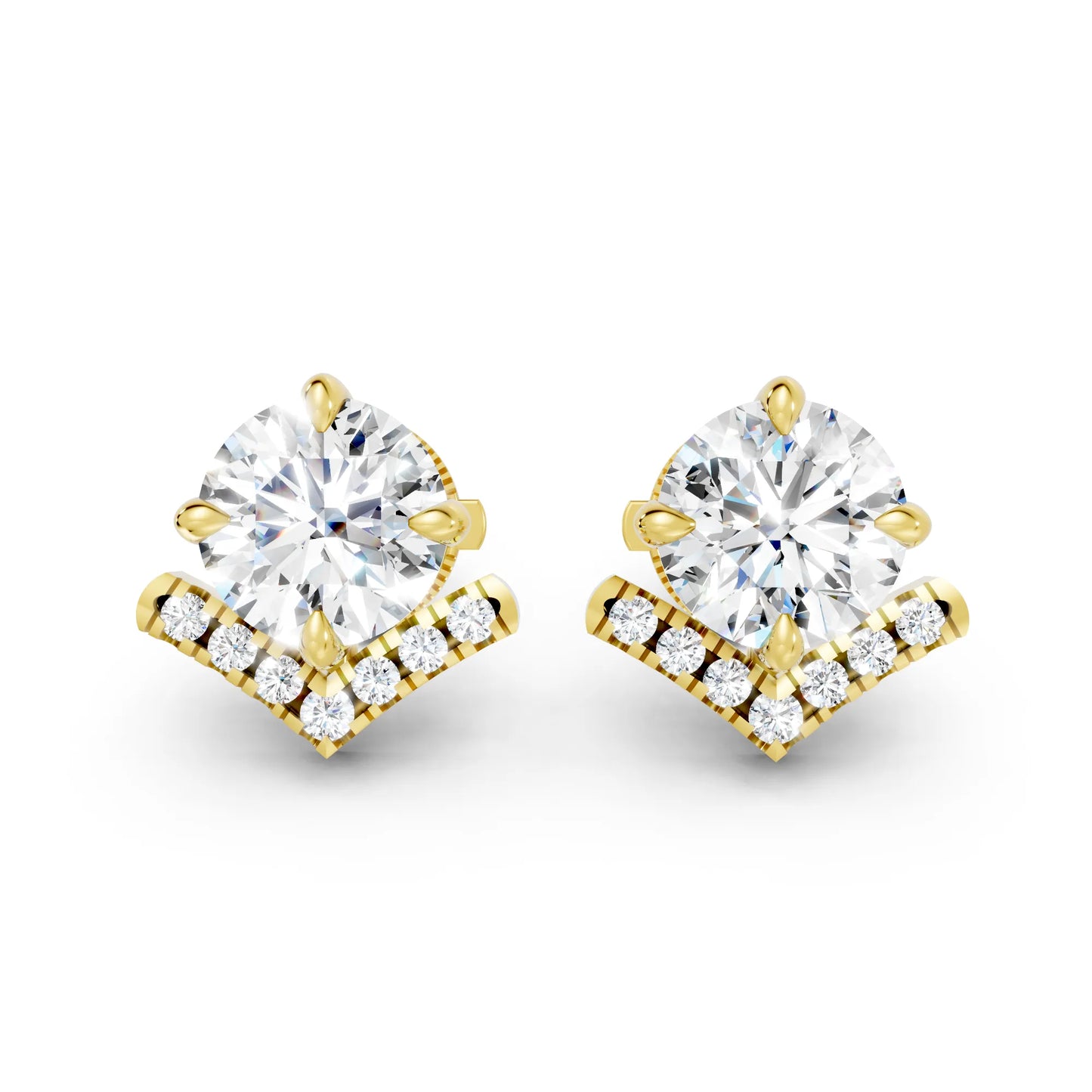 14K Gold Round Cut Diamond V Stud Earring
