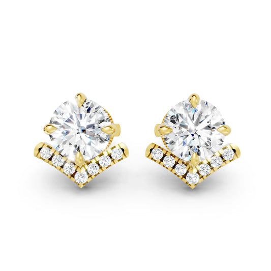 14K Gold Round Cut Diamond V Stud Earring