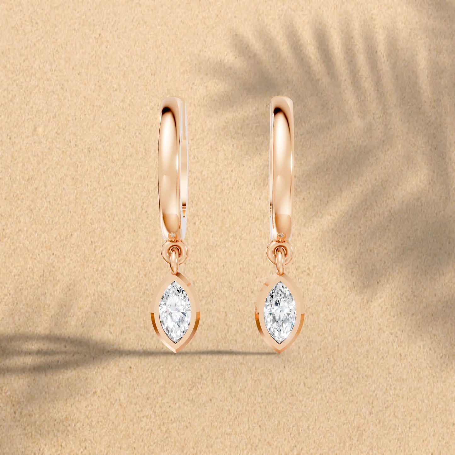 14K Gold Marquise Cut Diamond Knife-Edge Bezel Drop Huggie Hoop Earring