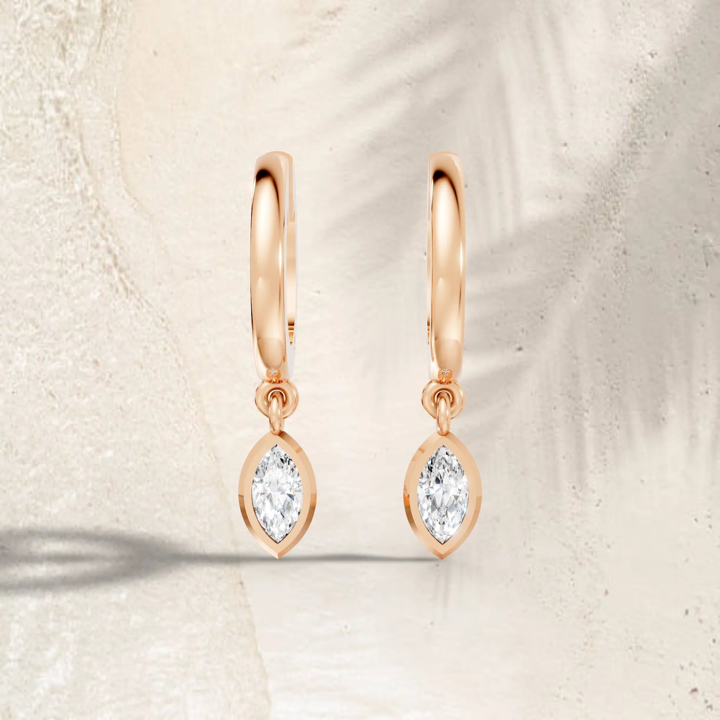 14K Gold Marquise Cut Diamond Knife-Edge Bezel Drop Huggie Hoop Earring