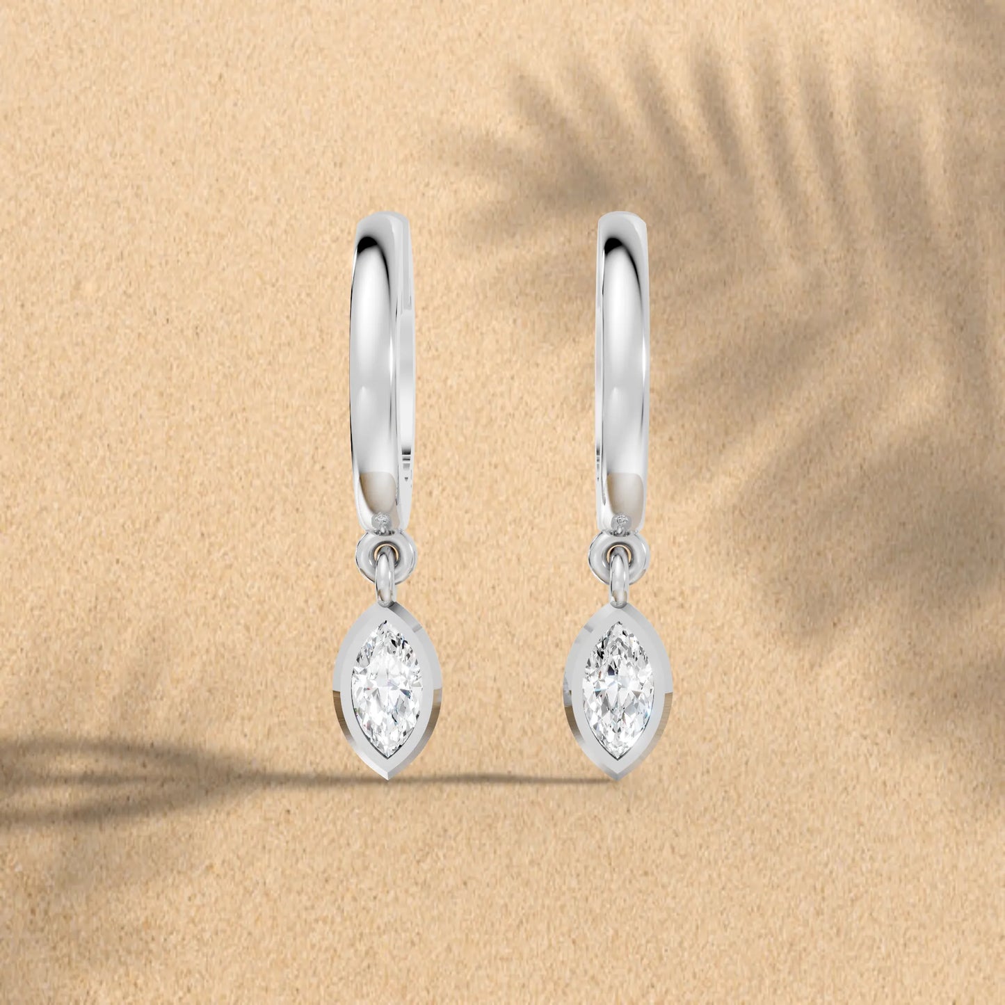 14K Gold Marquise Cut Diamond Knife-Edge Bezel Drop Huggie Hoop Earring