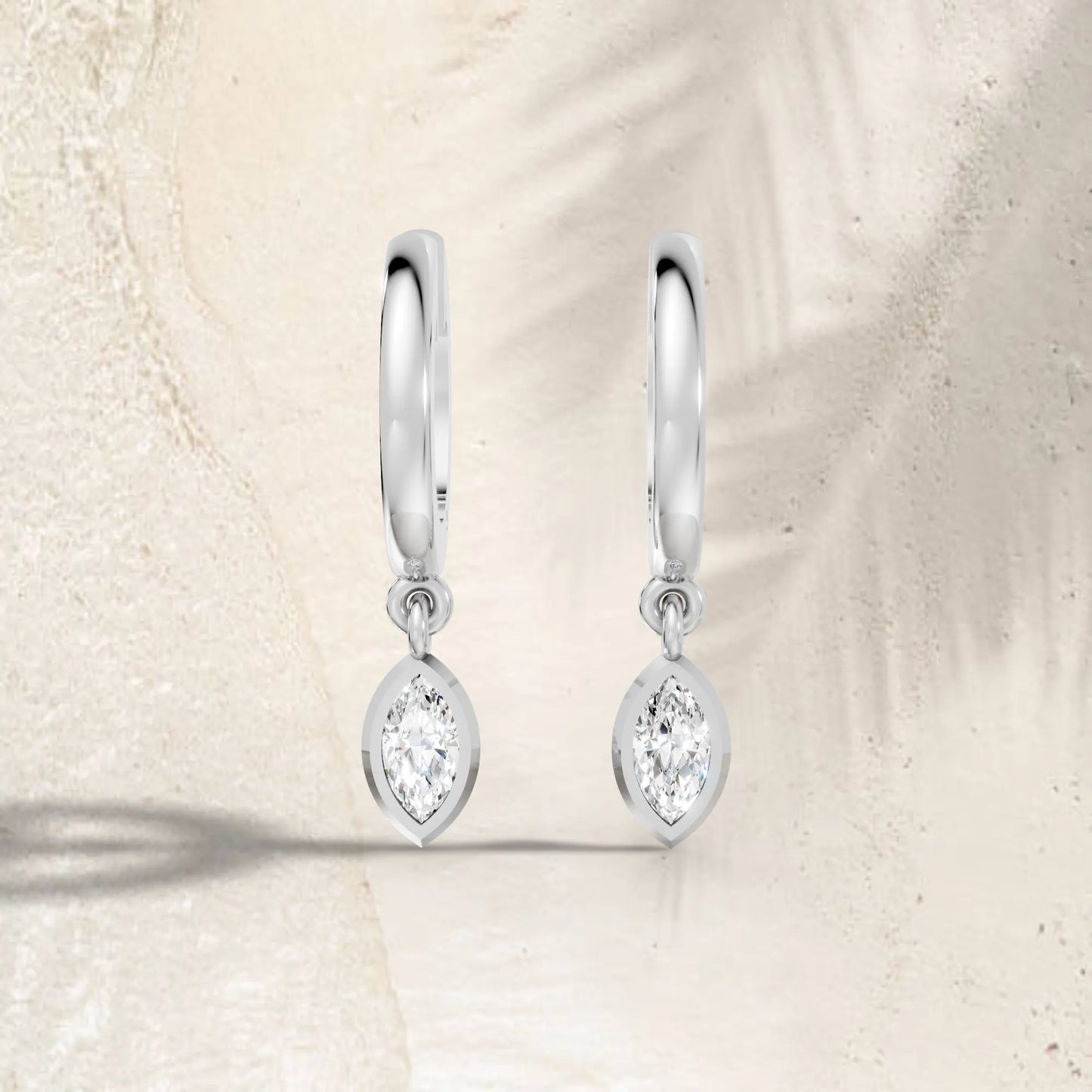 14K Gold Marquise Cut Diamond Knife-Edge Bezel Drop Huggie Hoop Earring