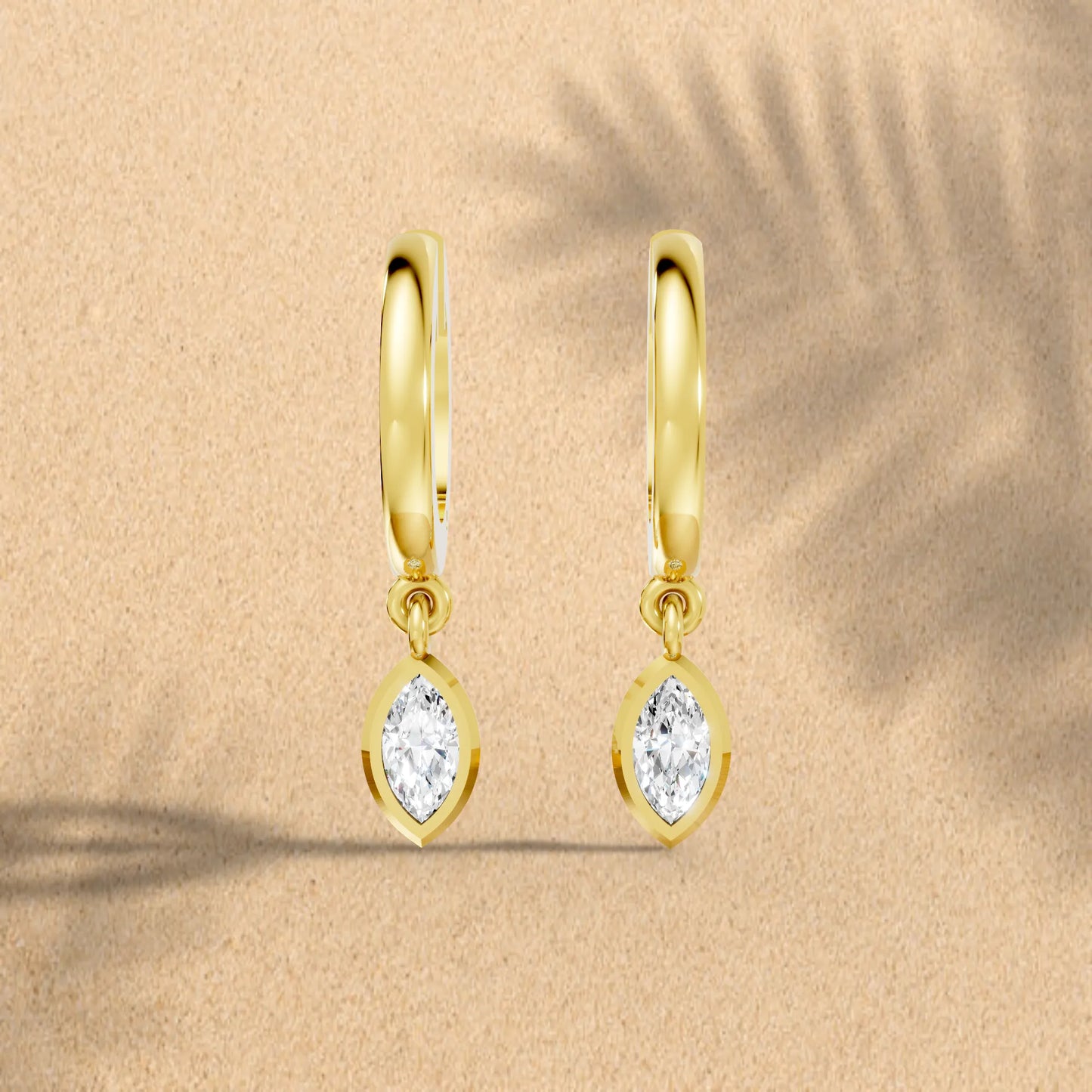 14K Gold Marquise Cut Diamond Knife-Edge Bezel Drop Huggie Hoop Earring
