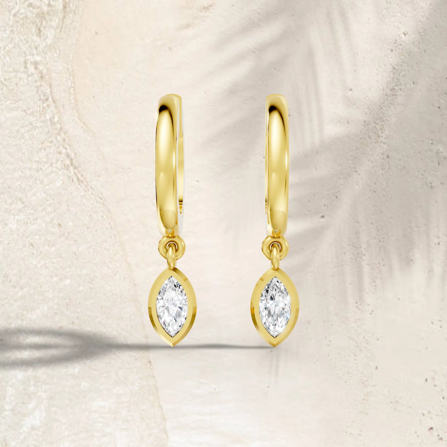 14K Gold Marquise Cut Diamond Knife-Edge Bezel Drop Huggie Hoop Earring