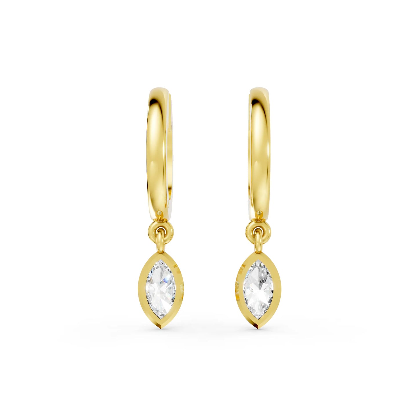 14K Gold Marquise Cut Diamond Knife-Edge Bezel Drop Huggie Hoop Earring
