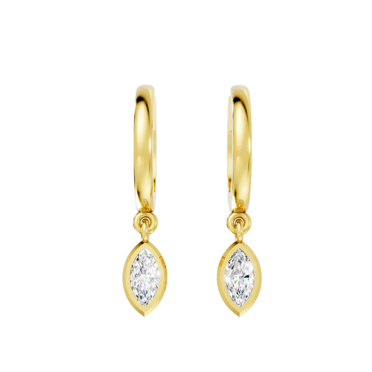 14K Gold Marquise Cut Diamond Knife-Edge Bezel Drop Huggie Hoop Earring