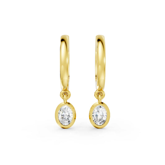 14K Gold Oval Cut Diamond Knife-Edge Bezel Drop Huggie Hoop Earring