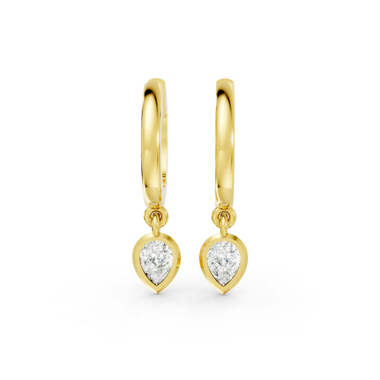 14K Gold Pear Cut Diamond Knife-Edge Bezel Drop Huggie Hoop Earring