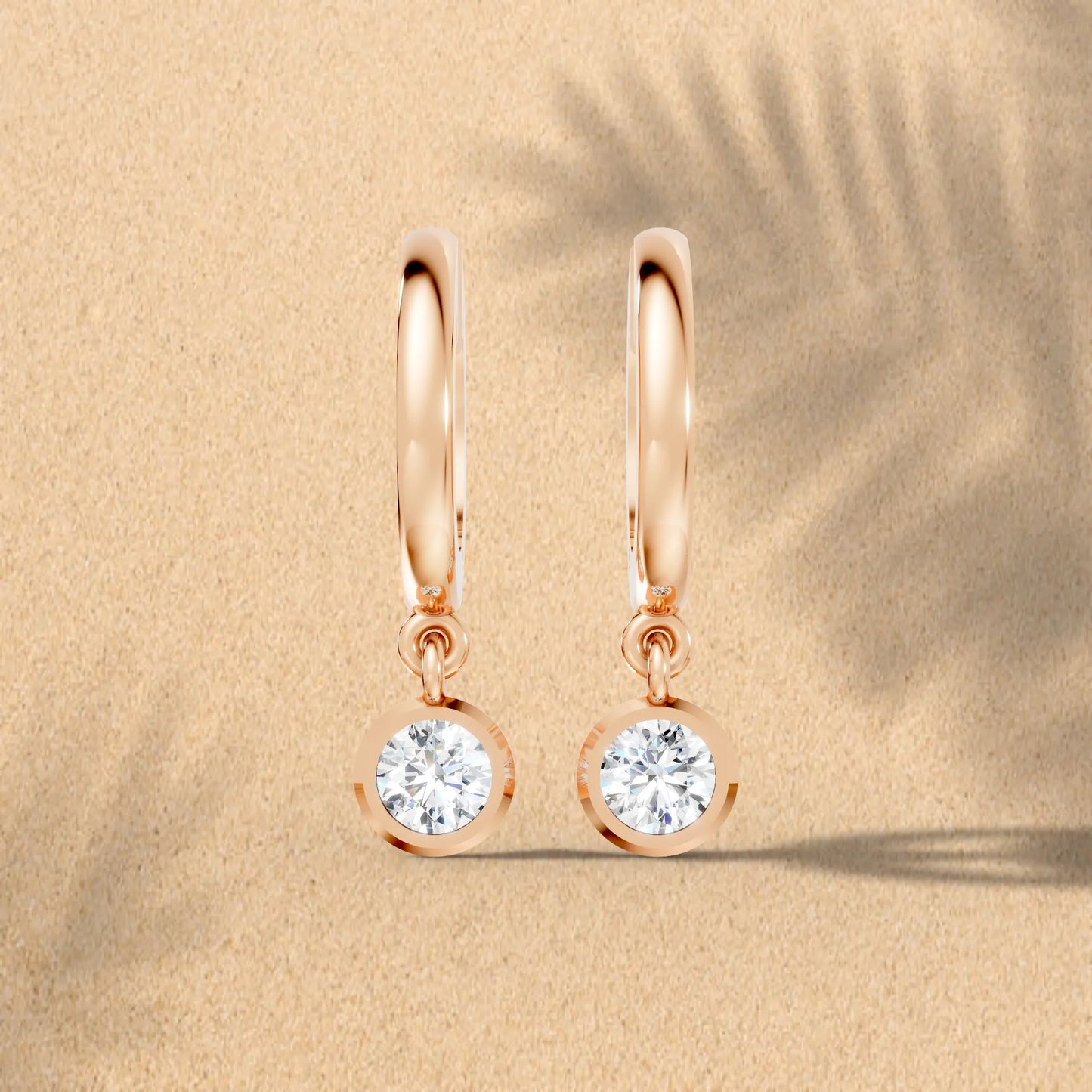 14K Gold Round Cut Diamond Knife-Edge Bezel Drop Huggie Hoop Earring