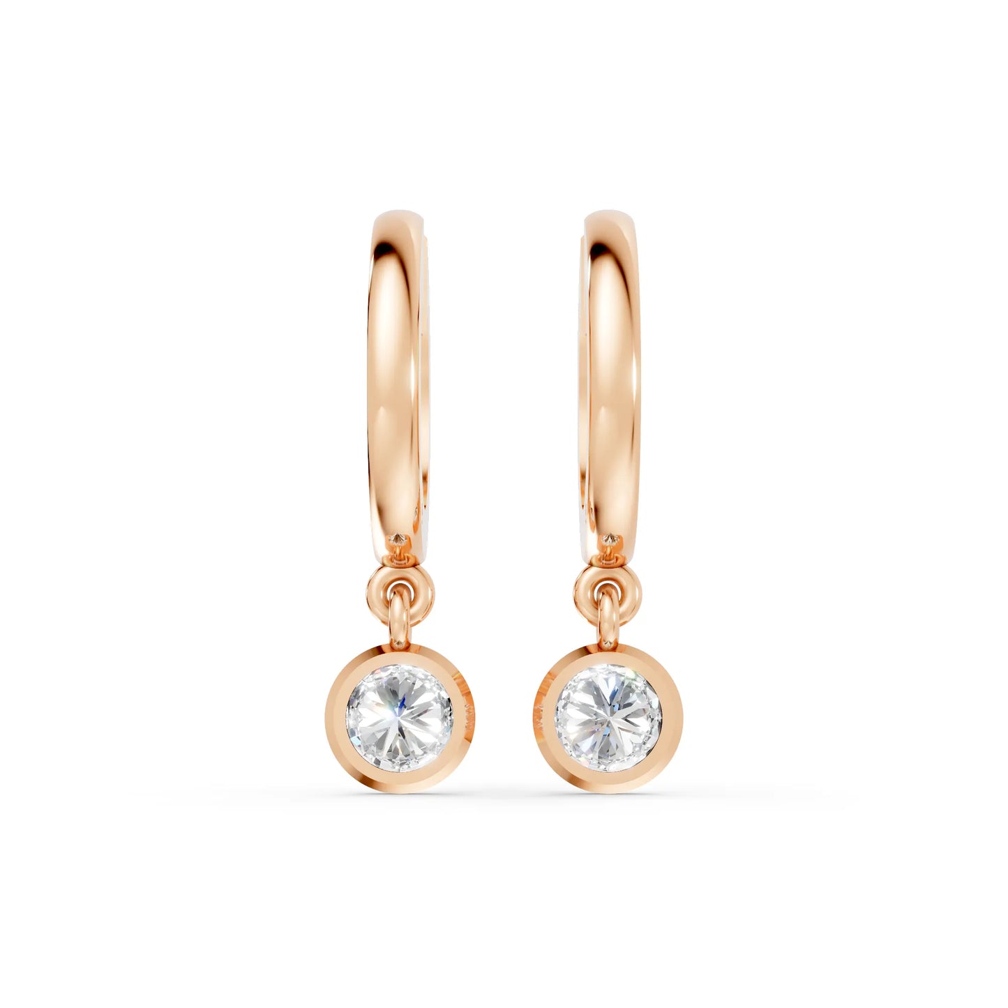 14K Gold Round Cut Diamond Knife-Edge Bezel Drop Huggie Hoop Earring