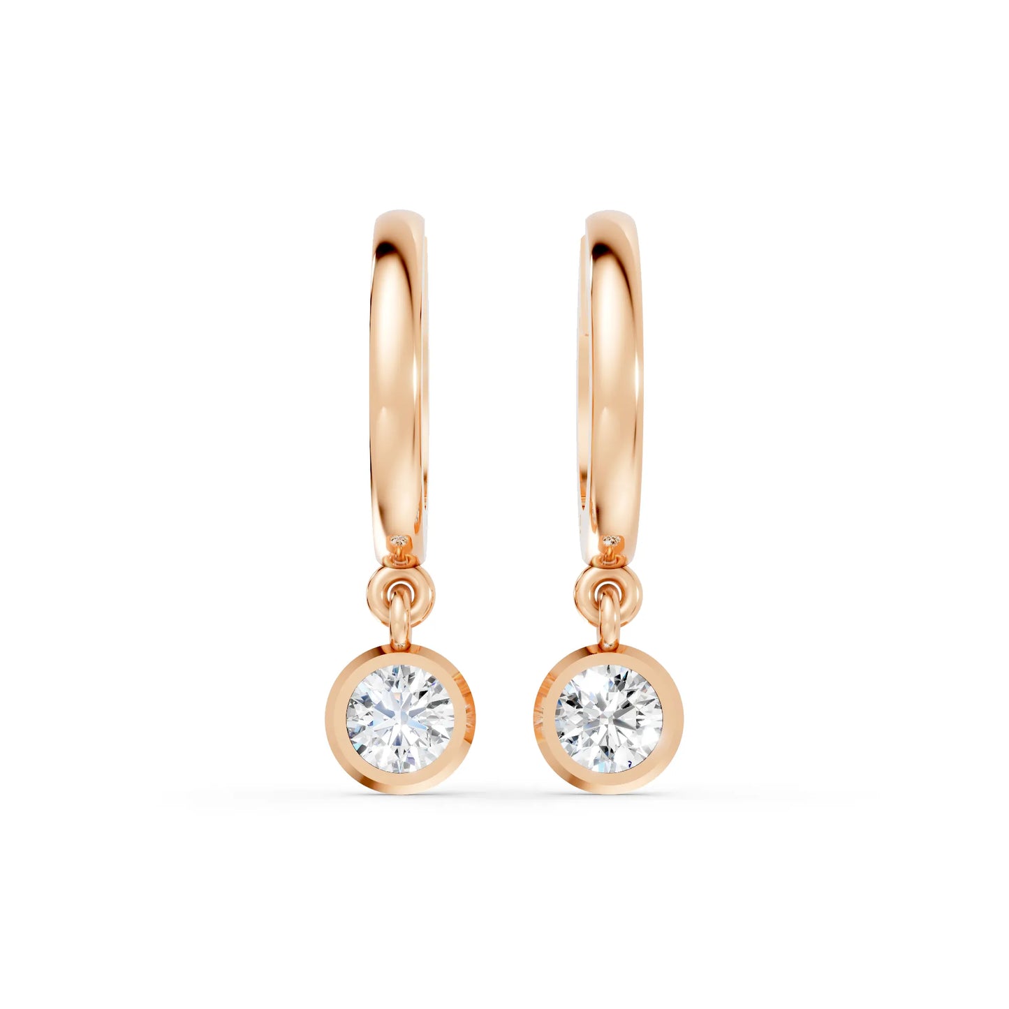 14K Gold Round Cut Diamond Knife-Edge Bezel Drop Huggie Hoop Earring