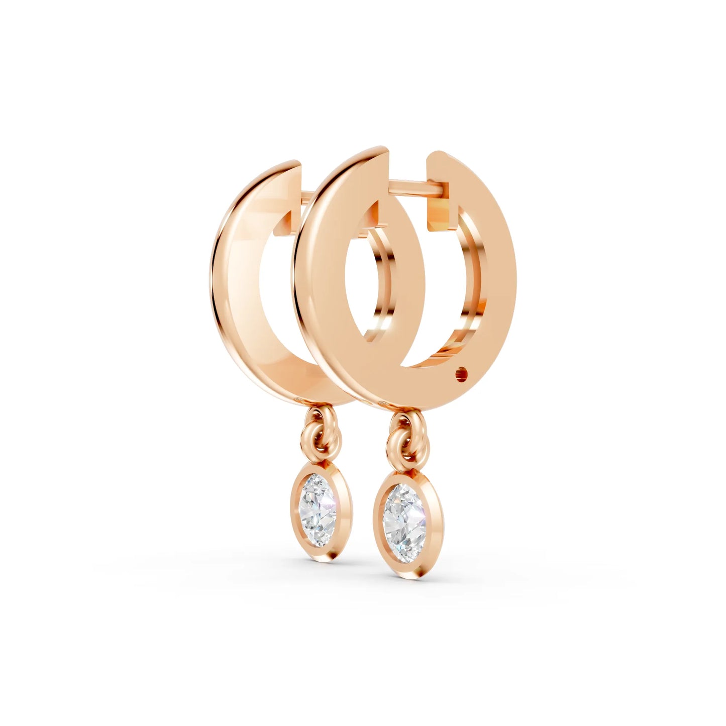 14K Gold Round Cut Diamond Knife-Edge Bezel Drop Huggie Hoop Earring