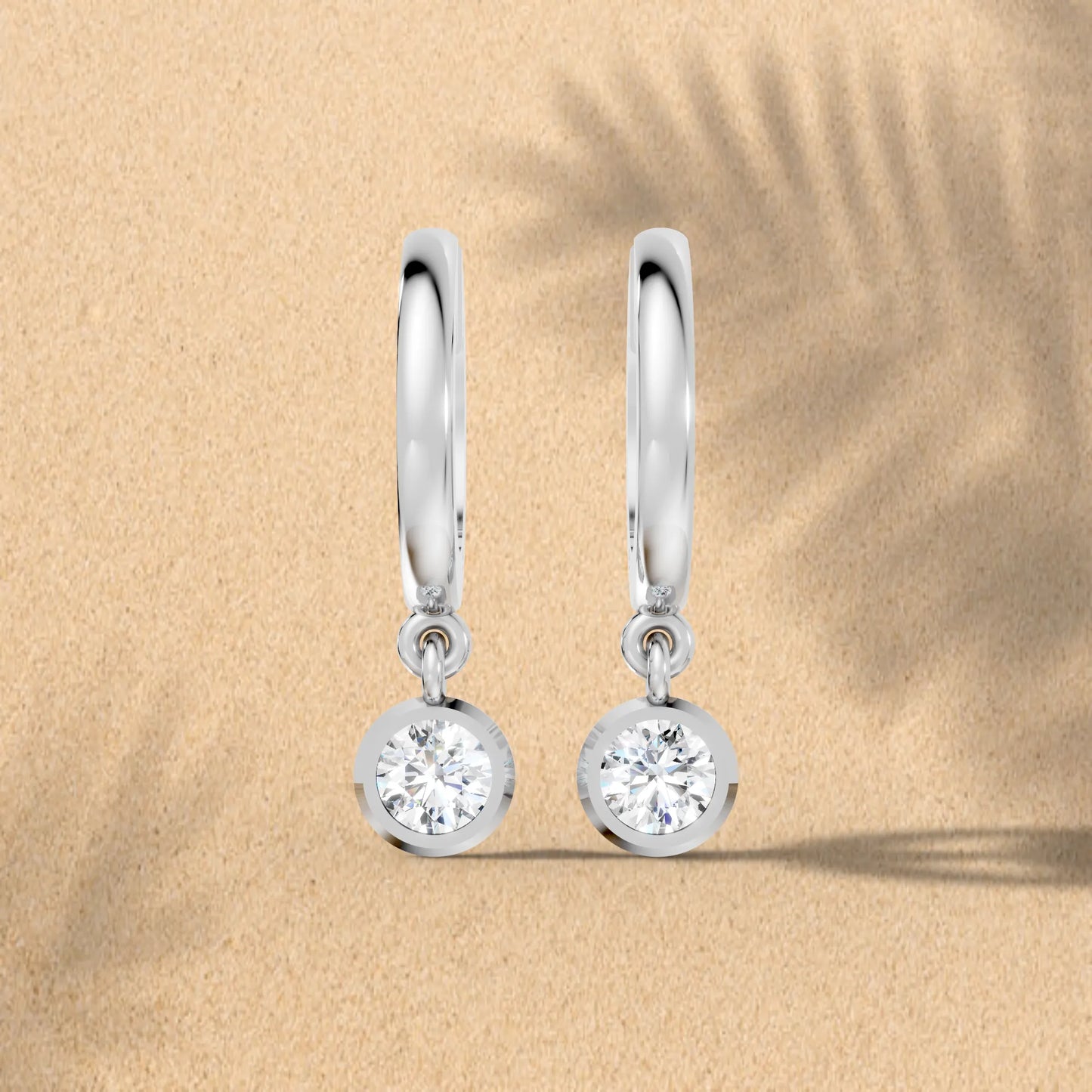 14K Gold Round Cut Diamond Knife-Edge Bezel Drop Huggie Hoop Earring