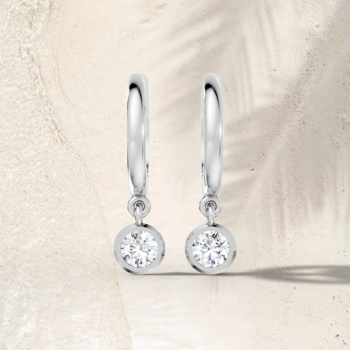 14K Gold Round Cut Diamond Knife-Edge Bezel Drop Huggie Hoop Earring