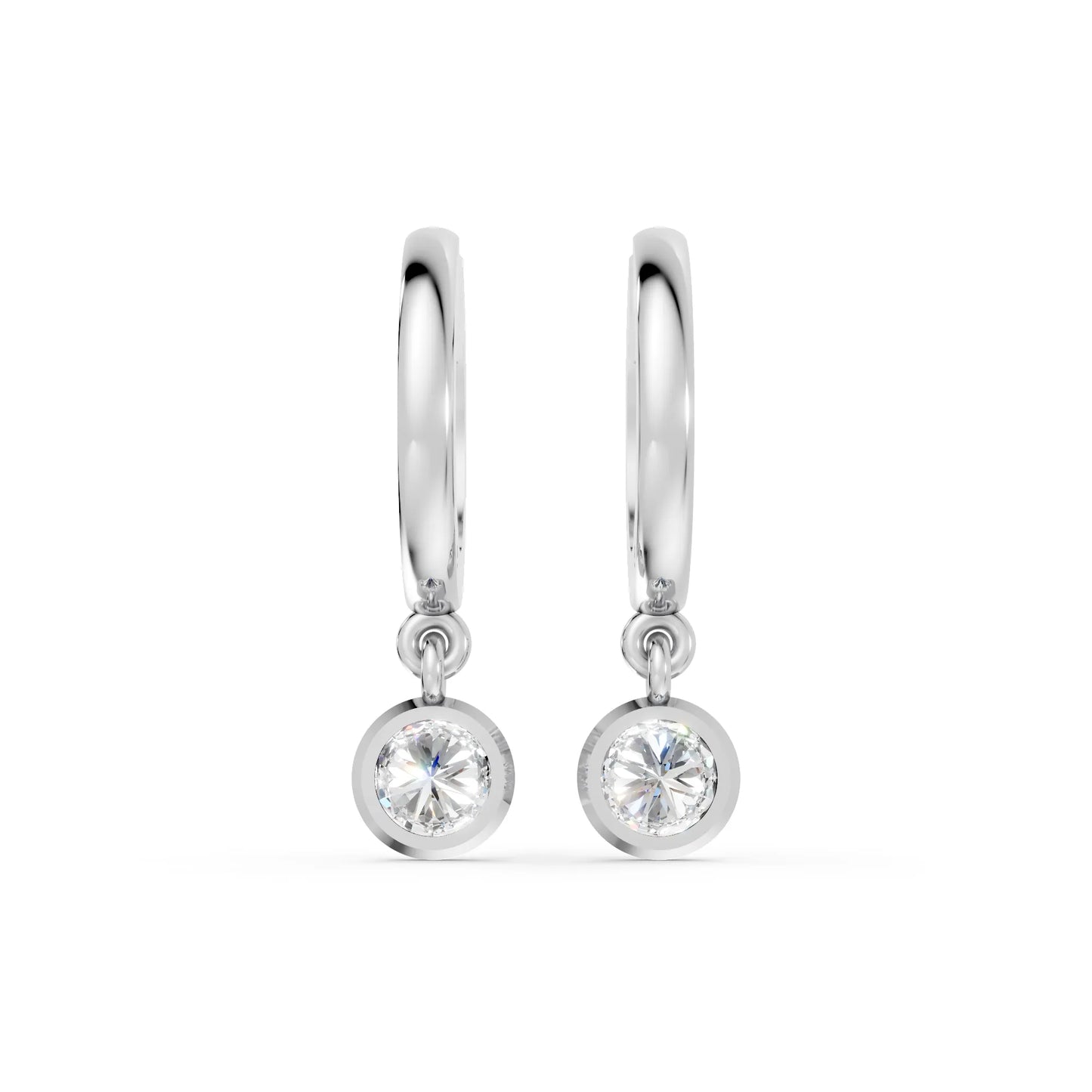 14K Gold Round Cut Diamond Knife-Edge Bezel Drop Huggie Hoop Earring