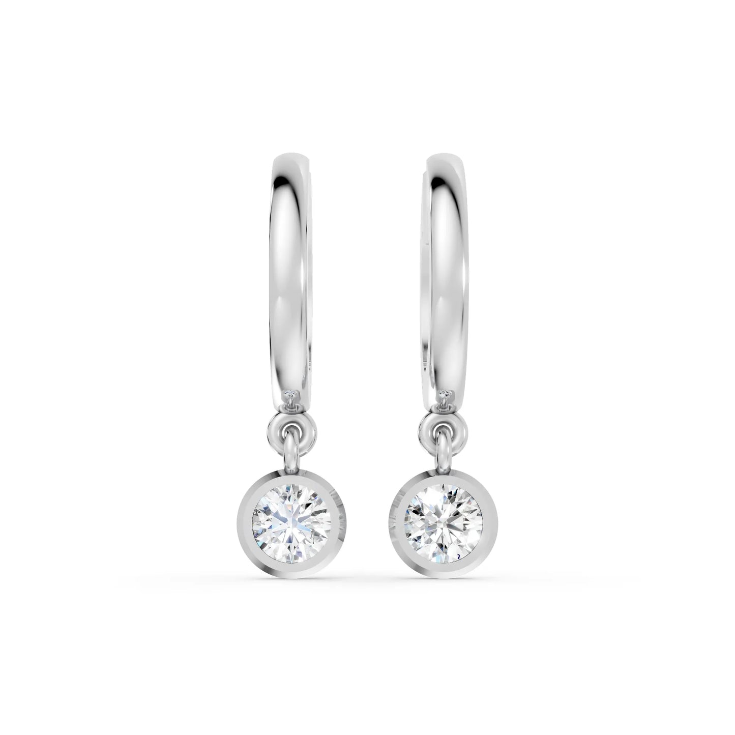 14K Gold Round Cut Diamond Knife-Edge Bezel Drop Huggie Hoop Earring